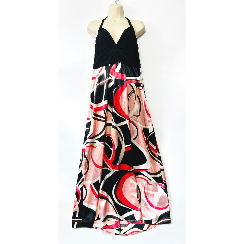 Vtg Scarlett Womens Halter Maxi Dress Black Pink Geometric Satinβ Tie Back Sz 14